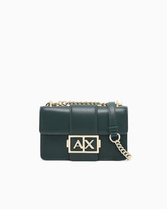 Armani Exchange Borsa verde bottiglia piccola a spalla con logo metal oro