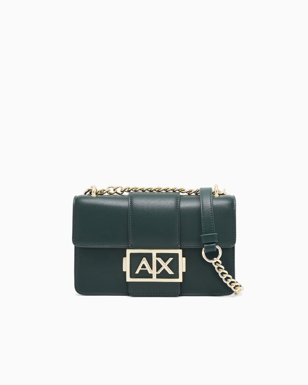 Armani Exchange Borsa verde bottiglia piccola a spalla con logo metal oro