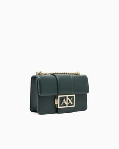 Armani Exchange Borsa verde bottiglia piccola a spalla con logo metal oro