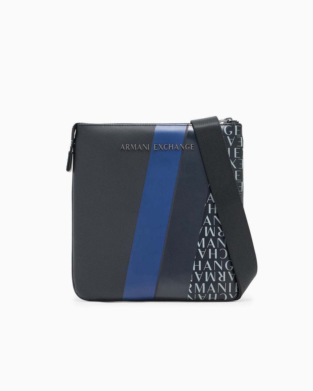 Armani Exchange tracolla uomo nera e blu piatta con monogramma e strisce
