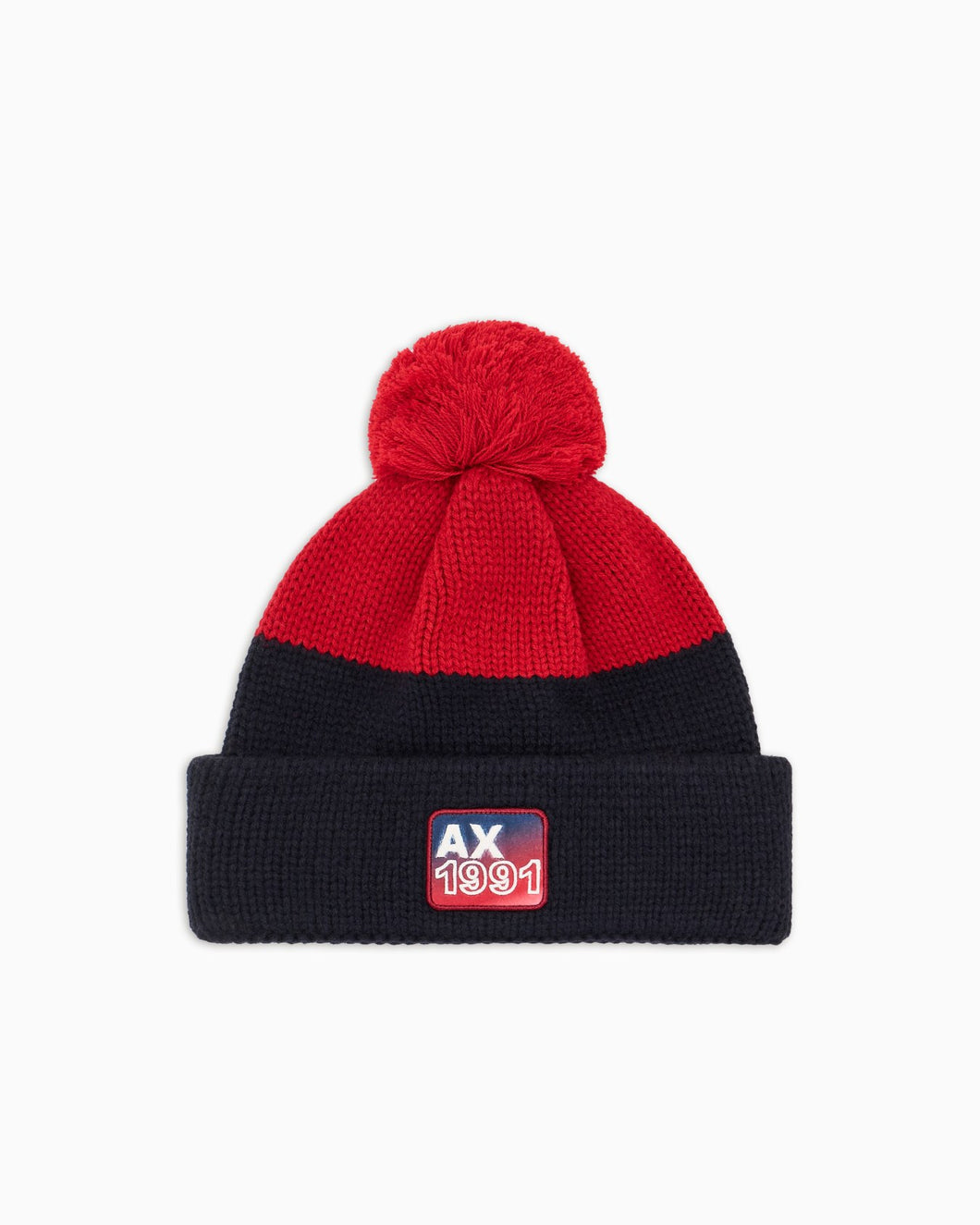 Armani Exchange Berretto blu e rosso in maglia a coste con pompon