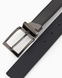 Emporio Armani Cintura reversibile pelle blu e nera saffiano martellata cuciture fibbia argento