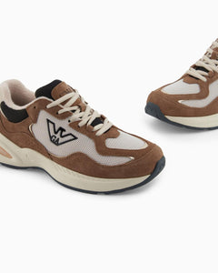 Emporio Armani Donna Sneakers in mesh logo aquila marrone e beige