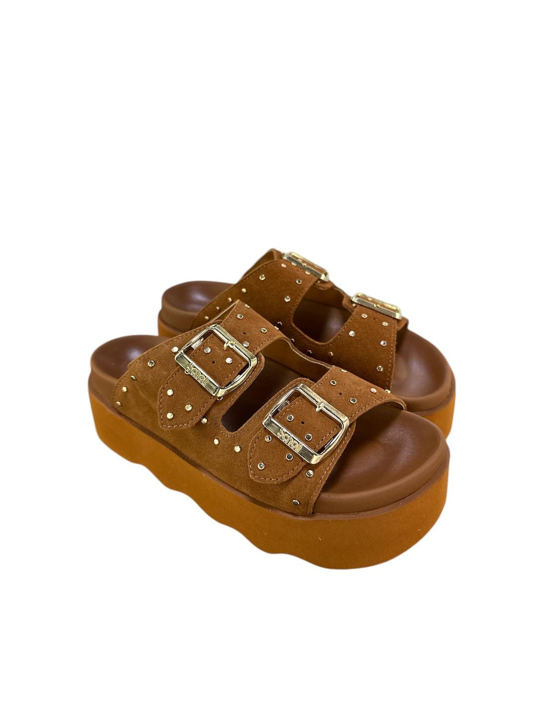 Scholl ciabatte heather in pelle marrone cognac con fibbie e borchie