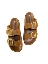 Carica l&#39;immagine nel visualizzatore di Gallery, Scholl ciabatte heather in pelle marrone cognac con fibbie e borchie
