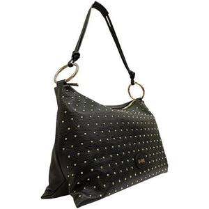 MBRC borsa a mano con tracolla media nera in pelle con borchie dorate C125