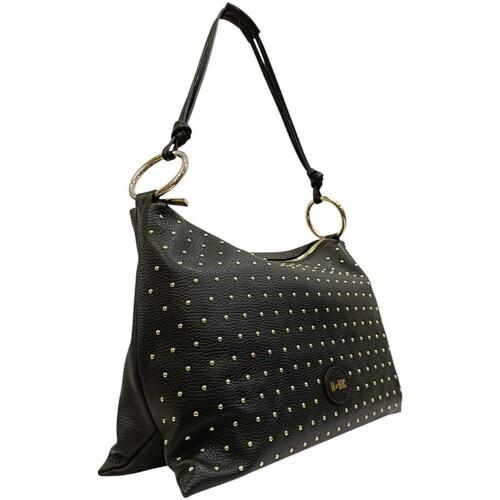 MBRC borsa a mano con tracolla media nera in pelle con borchie dorate C125
