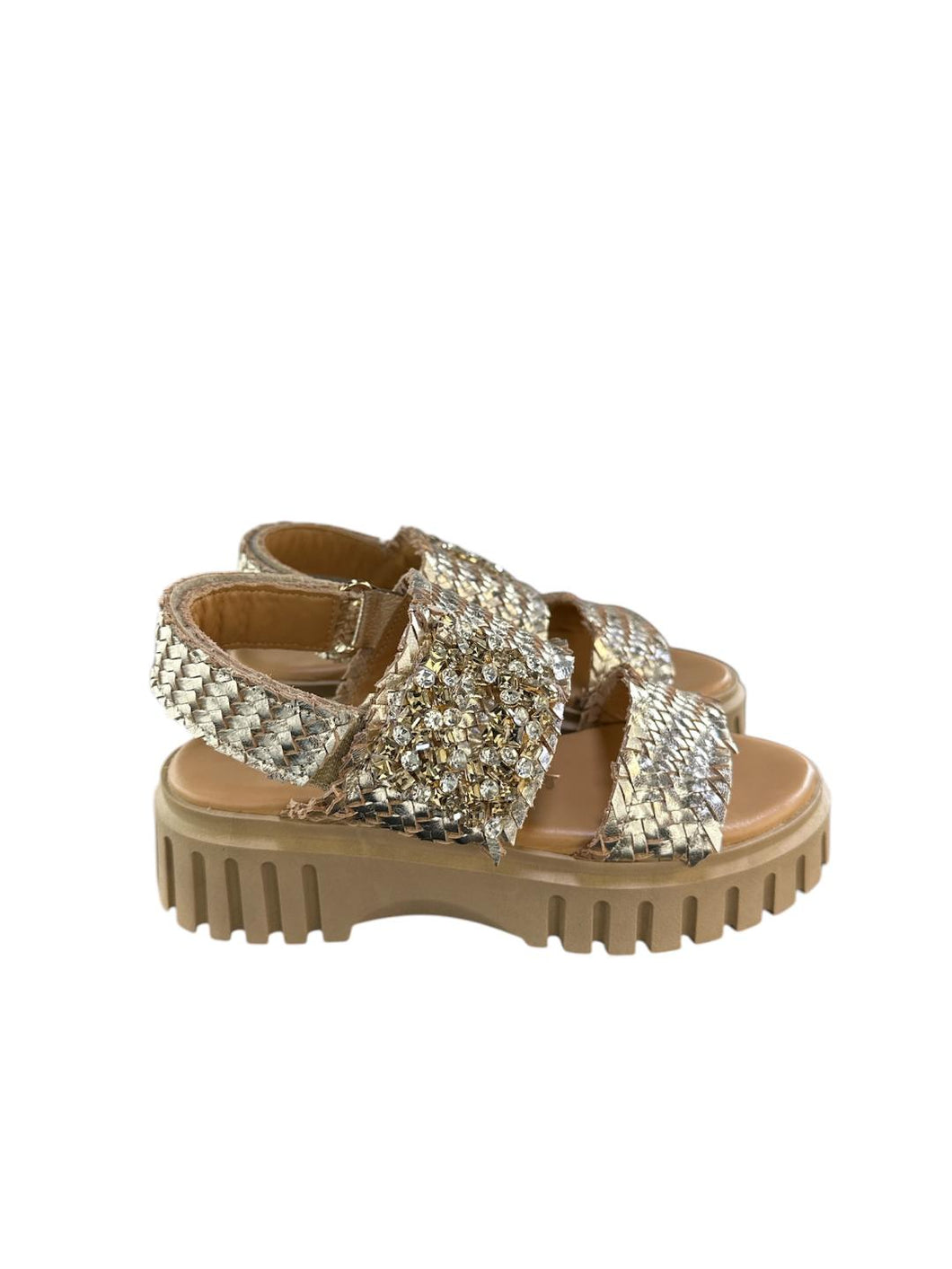 Janet&Janet Sandali Jeanne fascia Intreccio in Pelle inserti strass oro J130