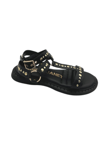 Janet&Janet Sandali bassi neri in pelle con borchie oro J143