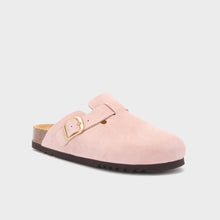 Carica l'immagine nel visualizzatore di Gallery, Scholl donna ciabatte sabot fae rosa scamosciate con fibbia oro
