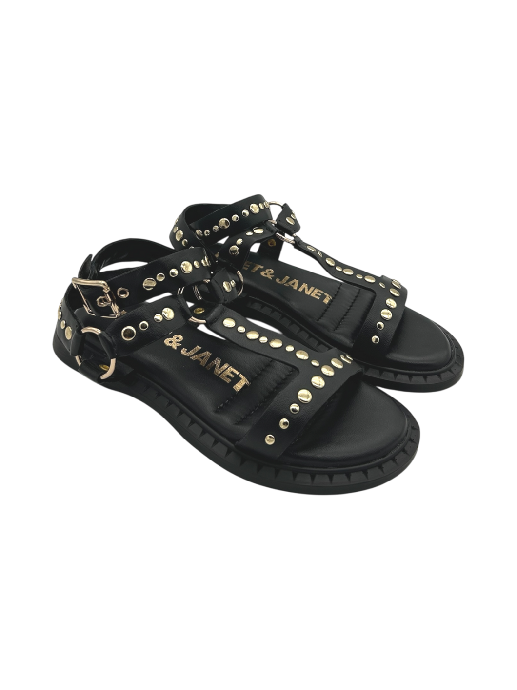 Janet&Janet Sandali bassi neri in pelle con borchie oro J143