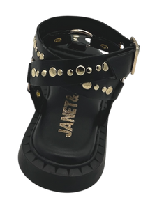Janet&Janet Sandali bassi neri in pelle con borchie oro J143