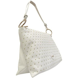 MBRC borsa a mano con tracolla media bianca in pelle con borchie dorate C125