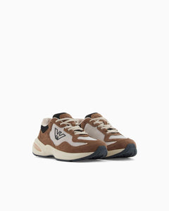 Emporio Armani Donna Sneakers in mesh logo aquila marrone e beige